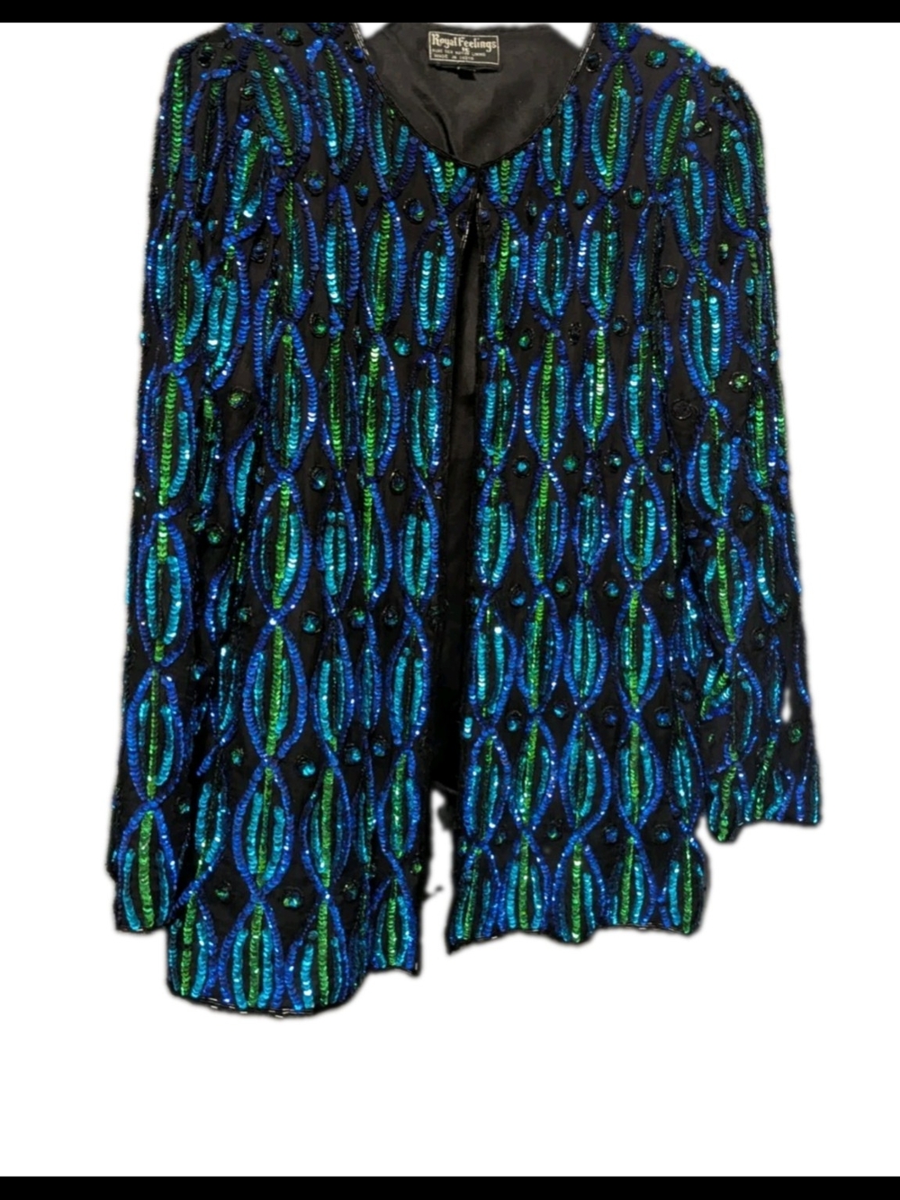 Sequin  Jacket with Blue & Green Iridescent Pattern Vintage 80s Size Large